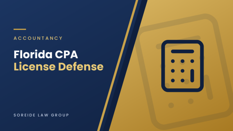 Florida CPA License Defense graphic with a calculator icon on navy and gold, Soreide Law Group